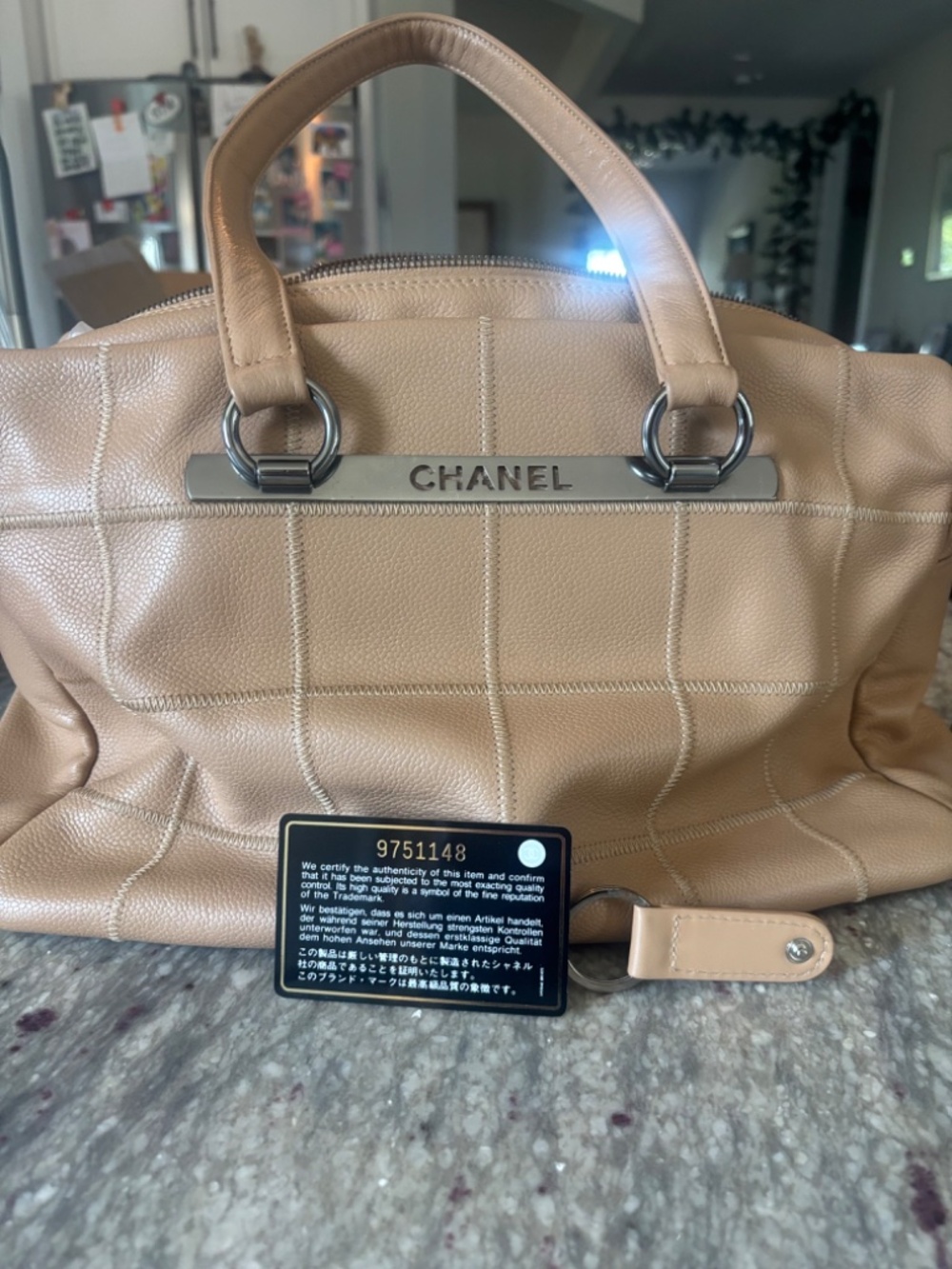 CHANEL VINTAGE Logo Bar East West Tote Beige Caviar Silver HW 9 series AUTH